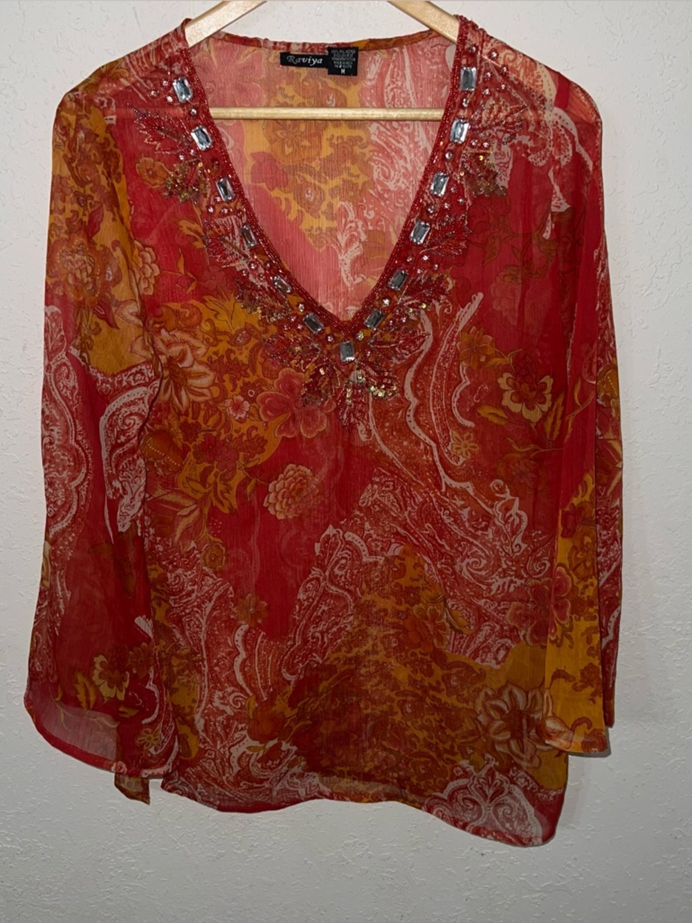 Raviya red jeweled Neckline tunic top Semi Sheer Long Sleeve Size Medium.